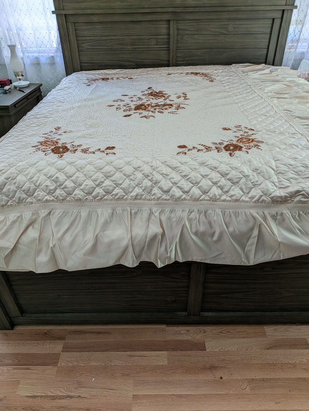 Elegant Cream Quilted Bedspread with Embroidered Rust Floral Accents